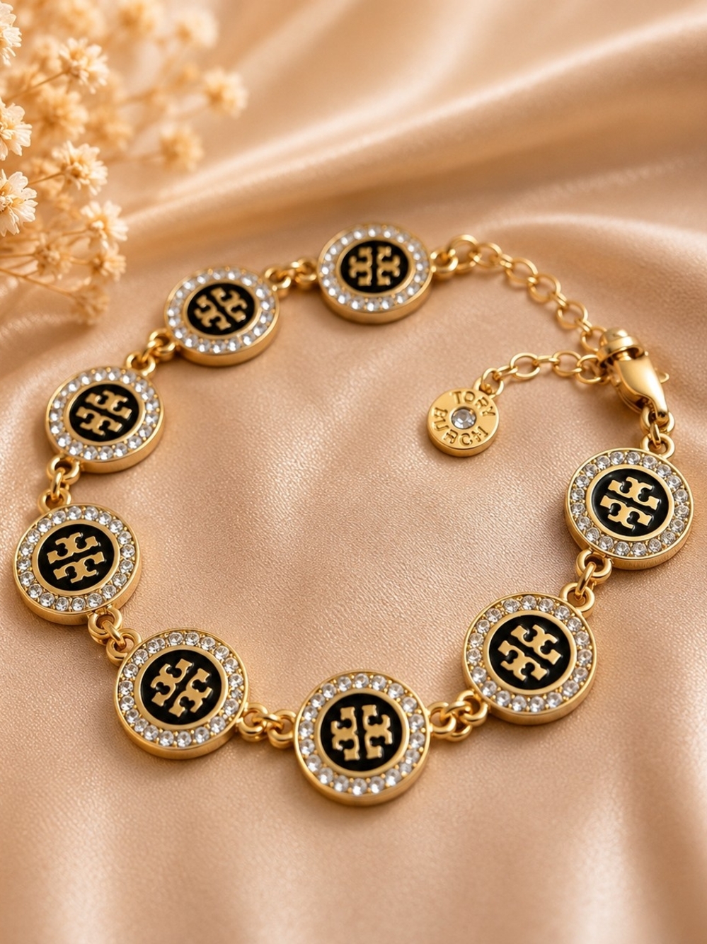 Tory Burch Black & Gold Pave' Logo Bracelet